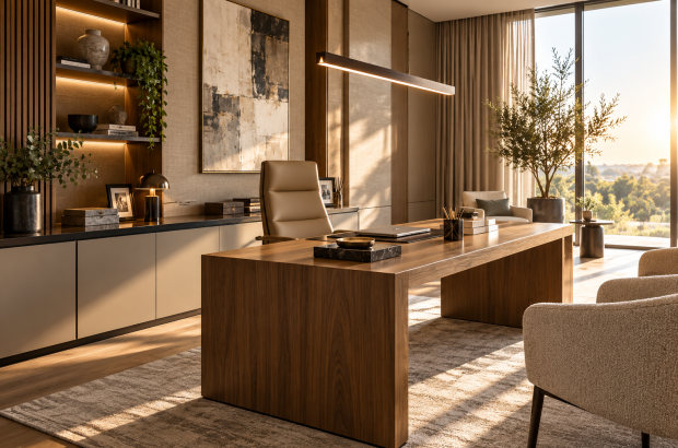 Bespoke walnut desk and fitted cabinetry with lit shelving in a sunlit executive office